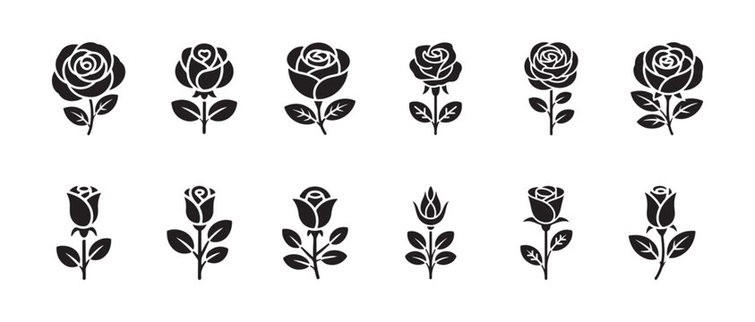 Simple vector set illustrating various isolated rose flower icons perfect for elegant logo design elements