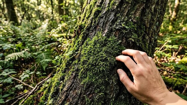 Moss tree hand touch forest offline living nature green bark outdoor hand touching moss tree trunk in forest with offline living feeling