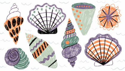 Whimsical Hand-Drawn Seashell Collection in Naive Folk Art Style