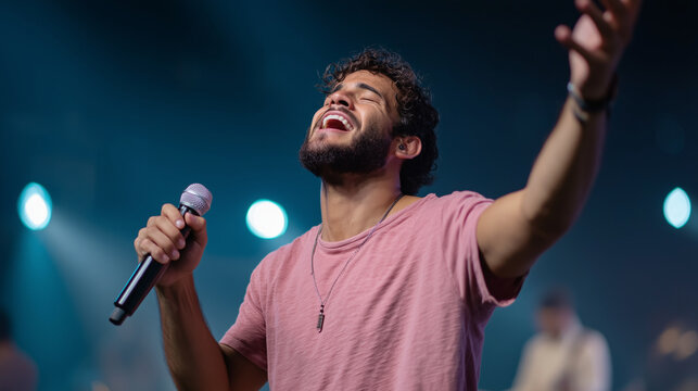 Cinematic Ultra HD photograph of a man in a soft pink t-shirt holding a microphone, eyes shut tightly, singing or praying with passion, other hand raised mid-gesture, stage backgro