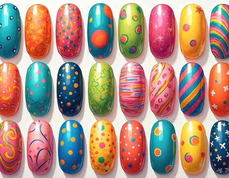 Collection of fake fingernails with diverse colorful patterns and designs. Nails feature geometric shapes dots swirls and stripes in bright vibrant tones. Ready for nail art creation or showcase.