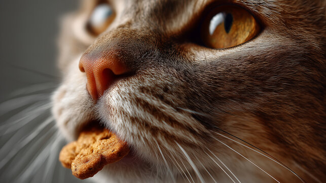 very close up of a cat snout and mouth. the cat's gaze is on a small dry cat food which is on the air just above the snout. the cat eyeing the biscuit. the dog try to catch the bis