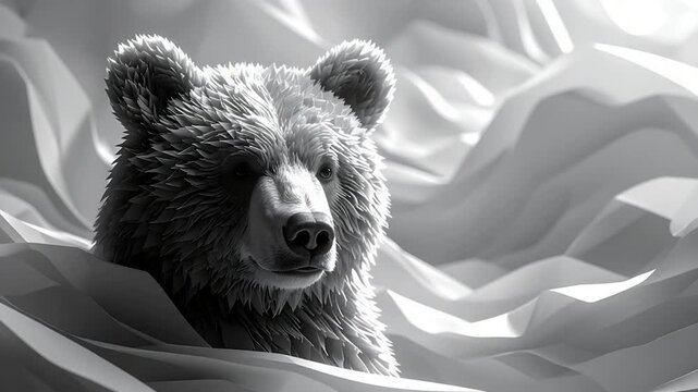 Stylized, monochrome bear portrait with geometric landscape backdrop