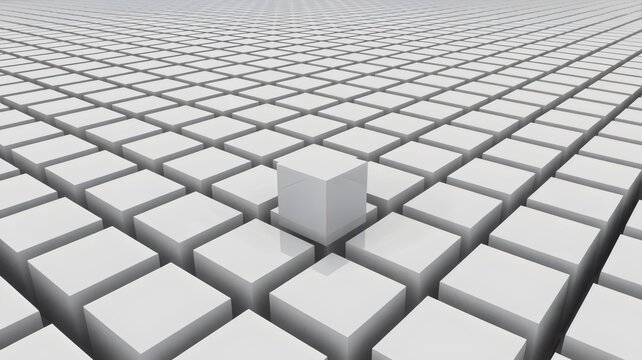 Ultra clean white grid with floating cube &ndash; Suitable for market disruption, outlier data, or original ideas.