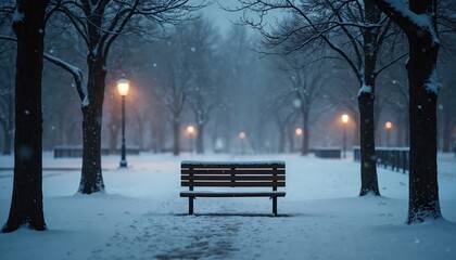 Naklejka premium Empty park bench covered in snow. Soft falling snow creates a peaceful, isolated winter atmosphere. Streetlights glow warmly through the trees.