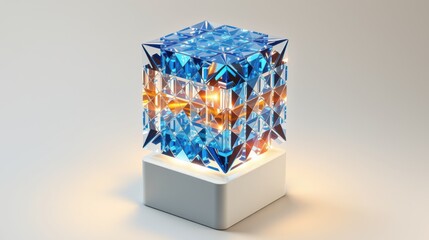 Fototapeta premium Blue crystal cube sits atop white base. Light emanates from within, creating bright reflections, sharp edges. Modern design element.