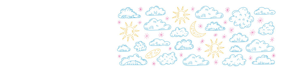 Fototapeta premium Hand drawn doodle set of blue clouds yellow suns and moons and pink stars isolated on a white background