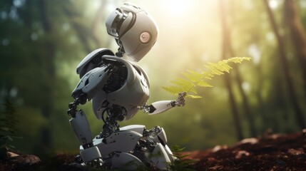 Fototapeta premium Robot in forest for AI, nature and ecology concepts