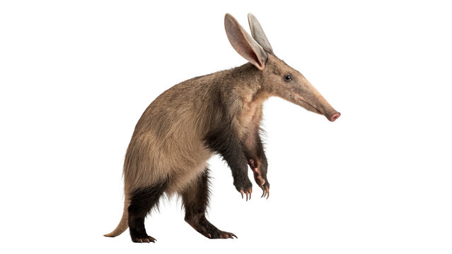 Walking aardvark stands upright with ears raised isolated on transparent background cut out
