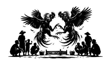 Rooster fight silhouette illustration with crowd of people © Lapak orang bejo