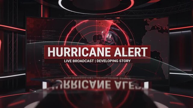 Hurricane Alert Broadcast Studio Backdrop  Red and Black Newsroom.