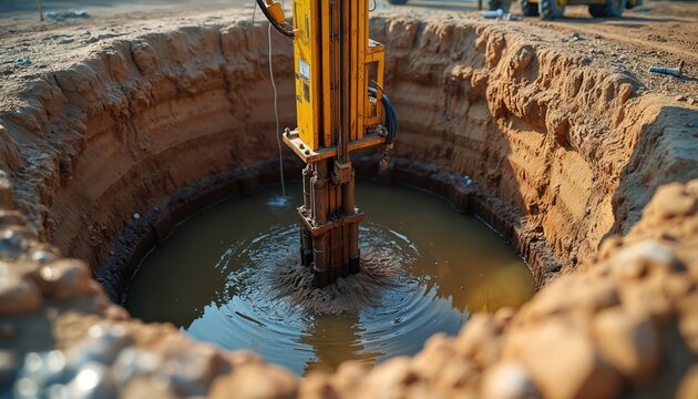 Yellow drill rig digs deep hole with water and mud. Construction of artesian well for clean water supply. Digging earth for resource access. Groundbreaking project.