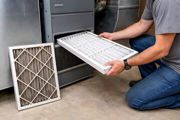 furnace, filter, air. A person is replacing or inspecting air filters in an HVAC system, ensuring clean air circulation and system efficiency.