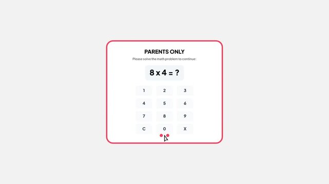 Parental Gate Math Challenge UI Animation with Numeric Keypad and Multiplication Problem Isolated on White Background for Kids App Security