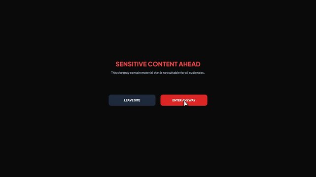 Sensitive Content Warning Interface with Animated Cursor Clicking Enter Button on Dark Background Isolated Cinematic Lighting