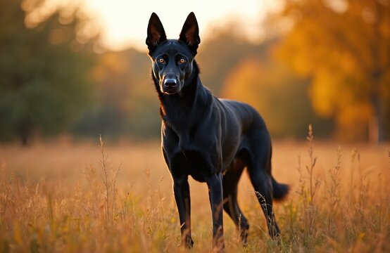 Black mudi dog stands alert in dry grass field during sunset. Focused canine with intense gaze, shows vigilance and readiness. Outdoor nature background, warm light.
