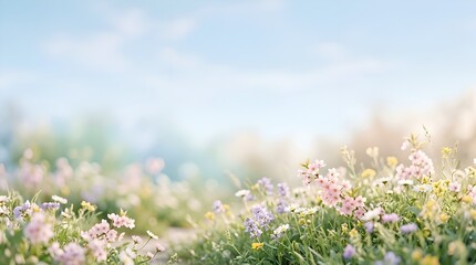 Obraz premium A serene meadow blooms with delicate wildflowers under a soft, sunlit sky, evoking a sense of peace and natural beauty