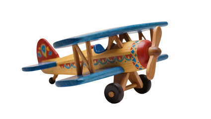 Handcrafted wooden biplane toy with blue wings and red propeller, isolated on transparent background for children s aviation concepts © Niamh