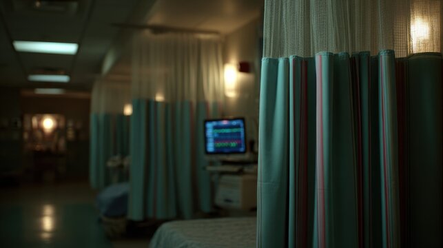 Focused view of a preop bay with curtain partially drawn emphasizing the medical monitor and bed contrasted against the dimly lit blurred neighboring bays.