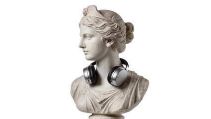 Fototapeta premium Classical marble bust of a woman silver and black headphones on neck, isolated on transparent background
