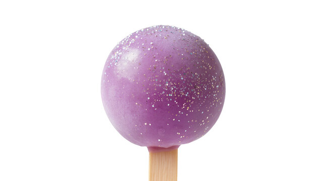 Purple glittery spherical candy pop on a wooden stick isolated on transparent background, ideal for sweet treats