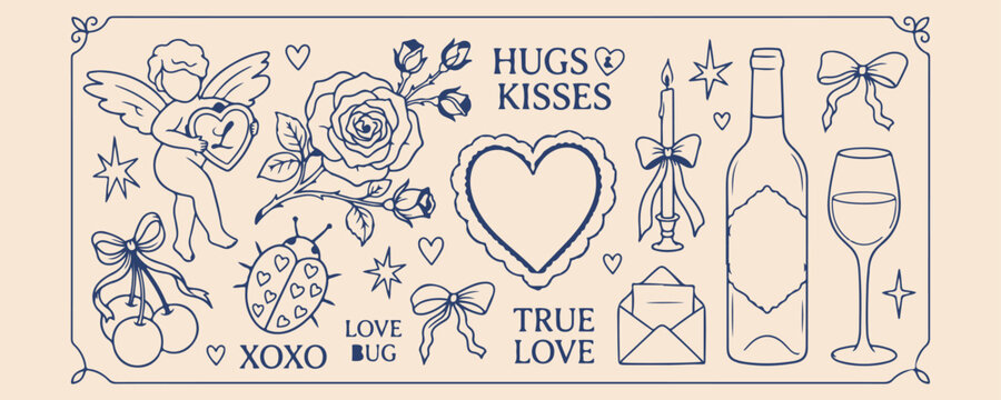 Romantic date night doodles, wine bottle and glasses illustration, sweet dessert cake sketches, celebratory dinner party graphics, hand drawn love elements, evening dining table art, anniversary celeb