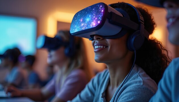 Diverse students wear VR headsets for immersive learning. Technology enhances education with virtual reality in a modern classroom setting. Future of schooling with digital tools.