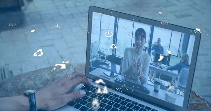 Animation of ecology icons over businesswoman having video call