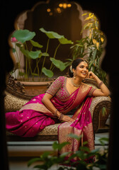 Fototapeta premium Radiant Indian Woman in Vibrant Pink Saree and Gold Jewelry