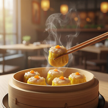 Steaming dim sum being picked up with chopsticks from a bamboo steamer in a restaurant