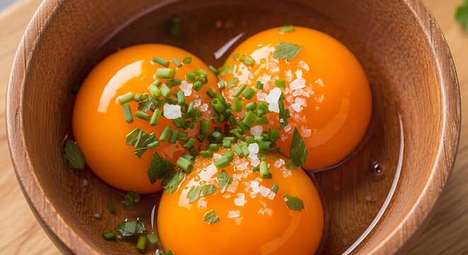 Close up of vibrant egg yolks in a wooden bowl with herbs and salt