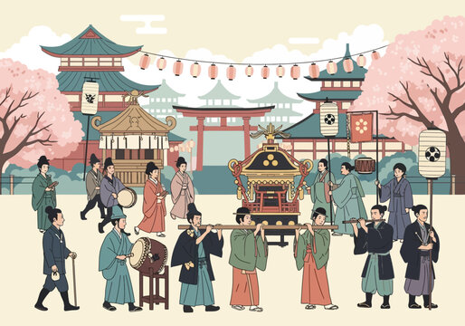 Japanese festival procession with people in traditional attire carrying a mikoshi and playing music.