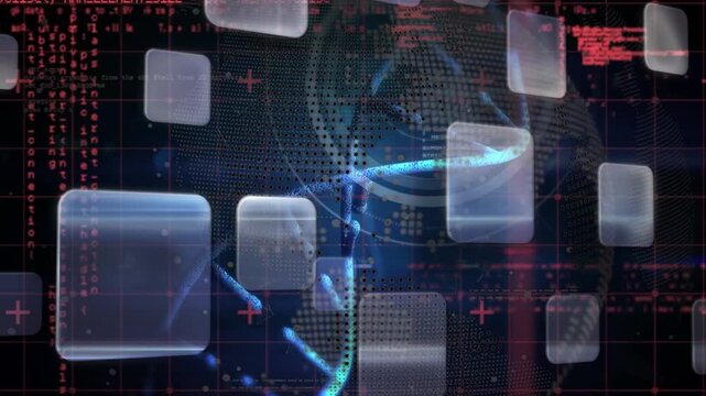 Animation of squares, evidence, dna and data processing on black background