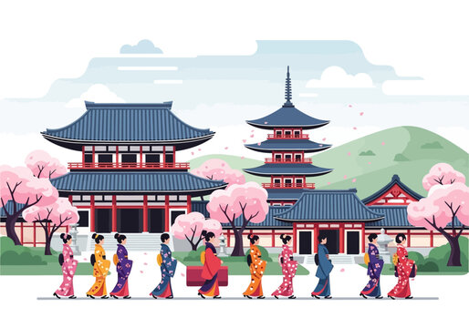 Japanese women in traditional kimonos walking in a line showcasing cultural attire and grace.