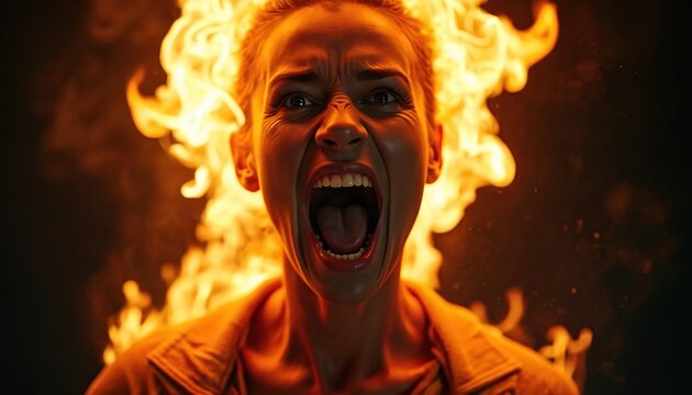 Woman with fiery hair screams in rage, face contorted in powerful emotion. Intense flames surround head, passion, strength, inner turmoil. Dramatic portrait captures raw energy, fierce expression,