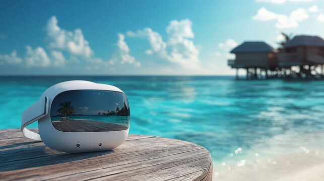 Virtual Reality Escape: Headset Reflecting Tropical Paradise by the Serene Blue Ocean