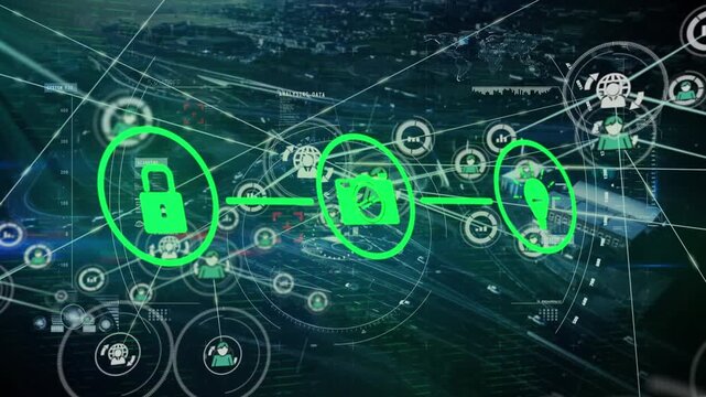 Animation of lock, camera, light bulb icons with network of connections over city