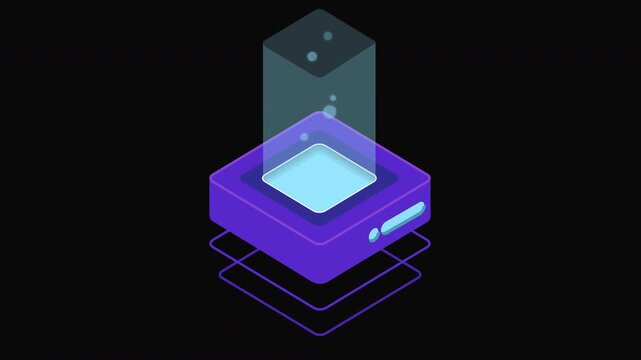 Isometric Glowing Chip Hologram Animation with Purple Cyan Particles