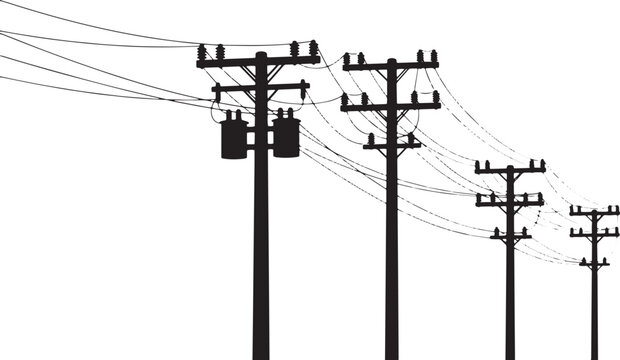 Silhouette of four utility poles with power lines and insulators on white background black