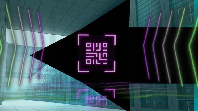 Animation of neon qr code scanner over arrow icon and data processing against computer server room