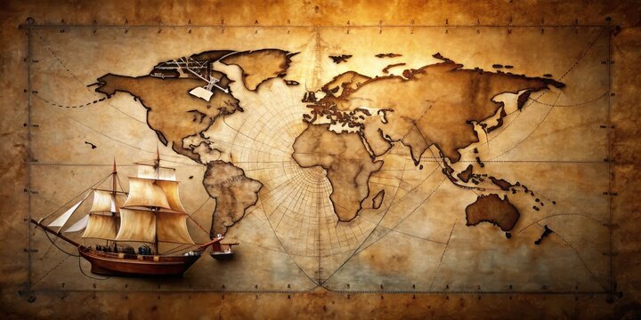 A weathered antique world map showing a sailing vessel embarking on a global adventure
