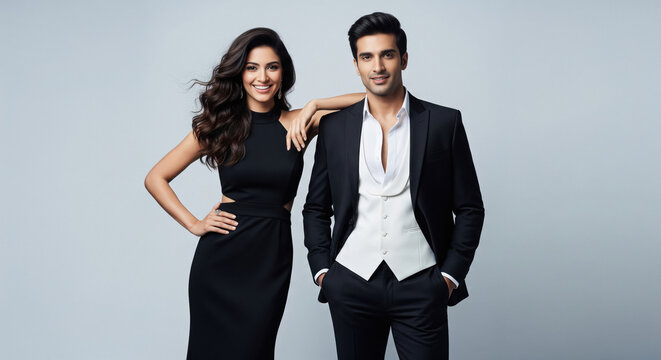 Elegant Couple Posing Formally in Stylish Black Attire