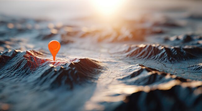 A close-up view presents a miniature map of mountains with an orange location pin pointing at a specific peak. The sun blazes in the background
