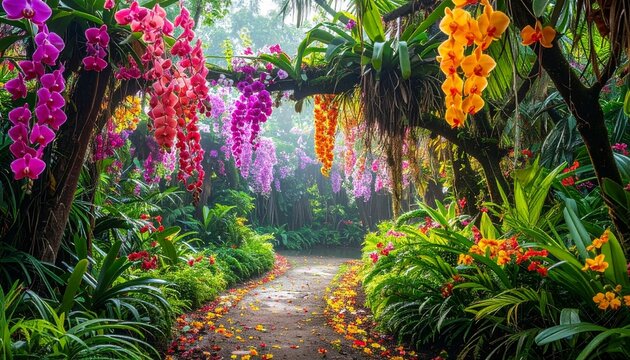 A serene pathway through a vibrant tropical garden with colorful flowers and lush greenery.