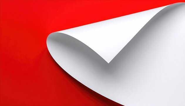 A close-up view presents a red background with a section of the top-right paper edge elegantly curled over, revealing white