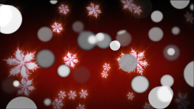 Animation of christmas white fairy lights and snow falling on red background