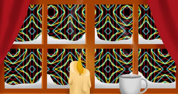 Animation of window and candle at christmas over shapes