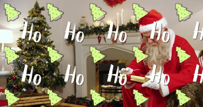 Animation of falling ho text over santa claus