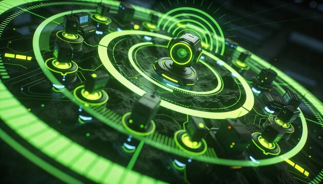 Pulsing central sensor beacon emitting neon-green rings on dark table, showing cuboid modules
