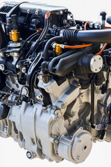 Fototapeta premium A detailed view of a motor engine components on a plain background, ideal for illustration or educational purposes